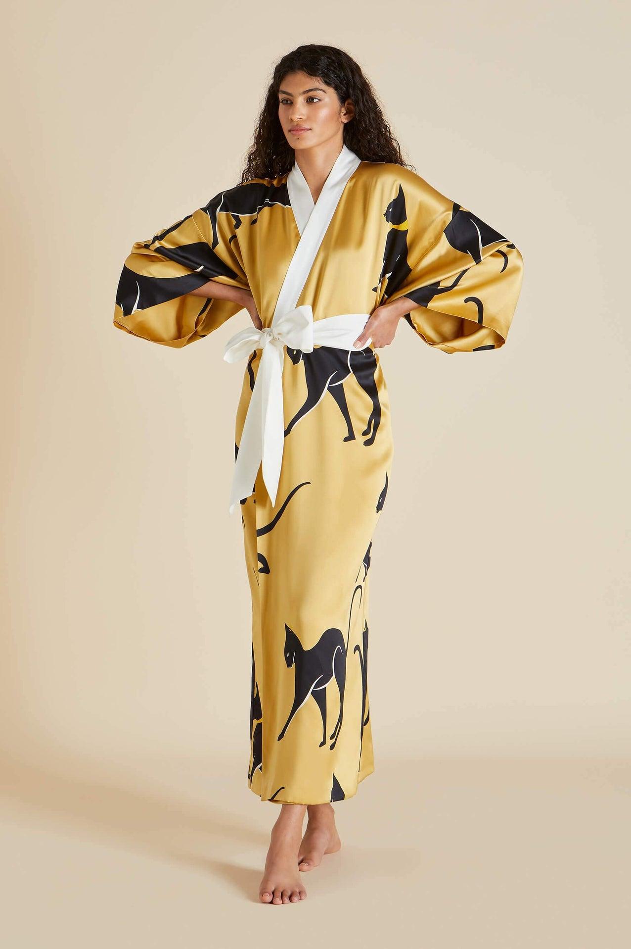 NEW Olivia von Halle Golden Cat Print Silk Dressing Gown Kimono Robe OS en vente 4