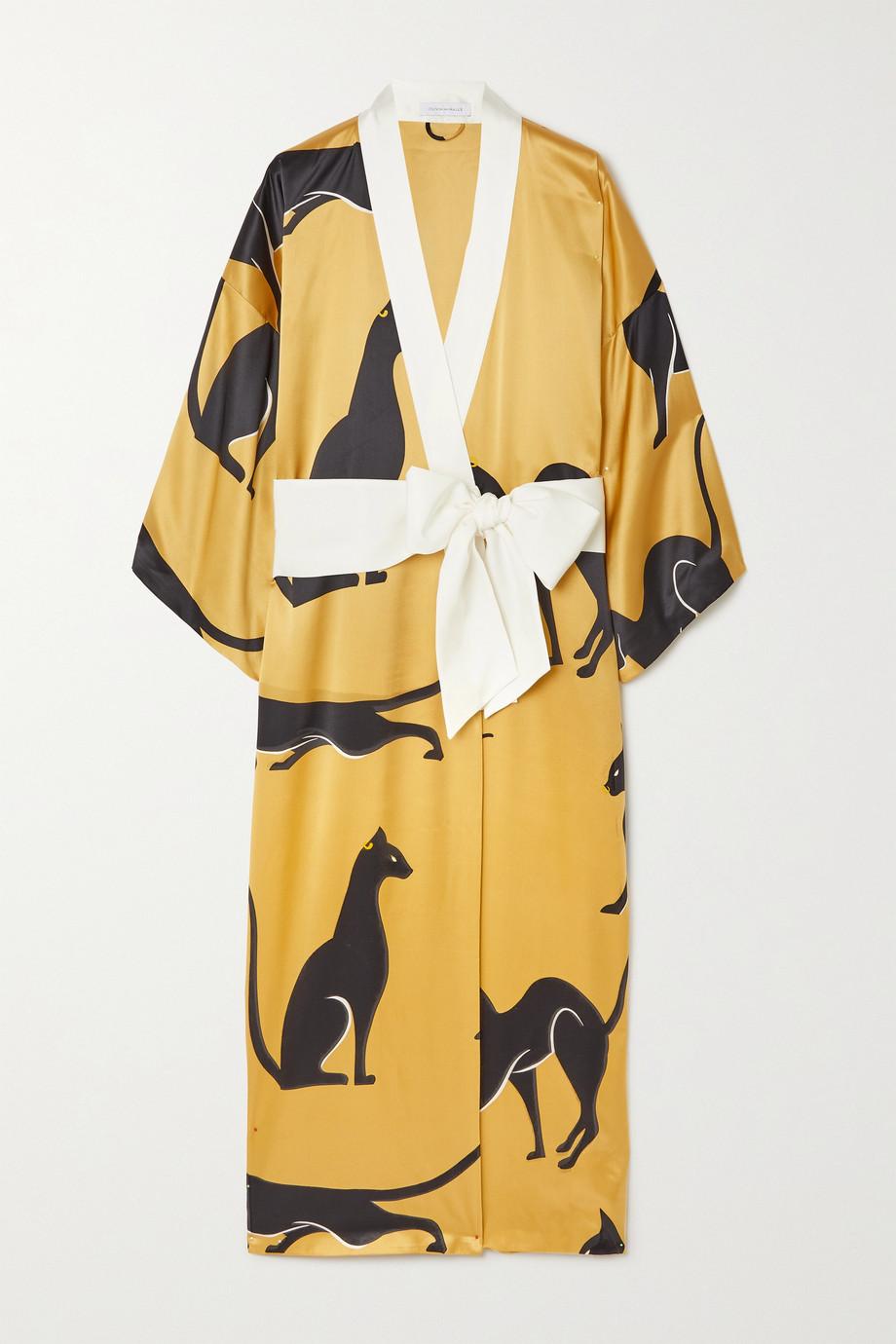 NEW Olivia von Halle Golden Cat Print Silk Dressing Gown Kimono Robe OS Pour femmes en vente