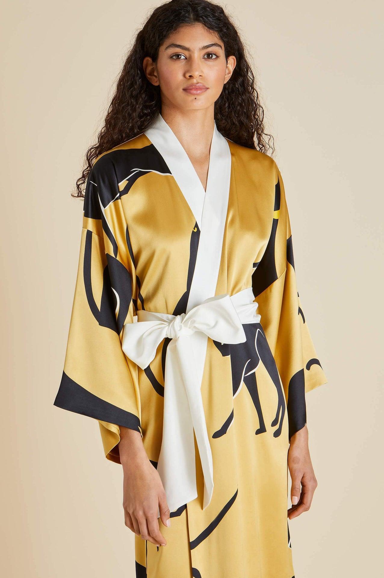NEW Olivia von Halle Golden Cat Print Silk Dressing Gown Kimono Robe OS en vente 3