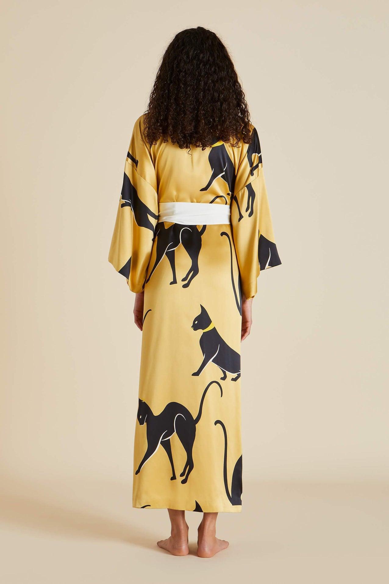 NEW Olivia von Halle Golden Cat Print Silk Dressing Gown Kimono Robe OS en vente 5