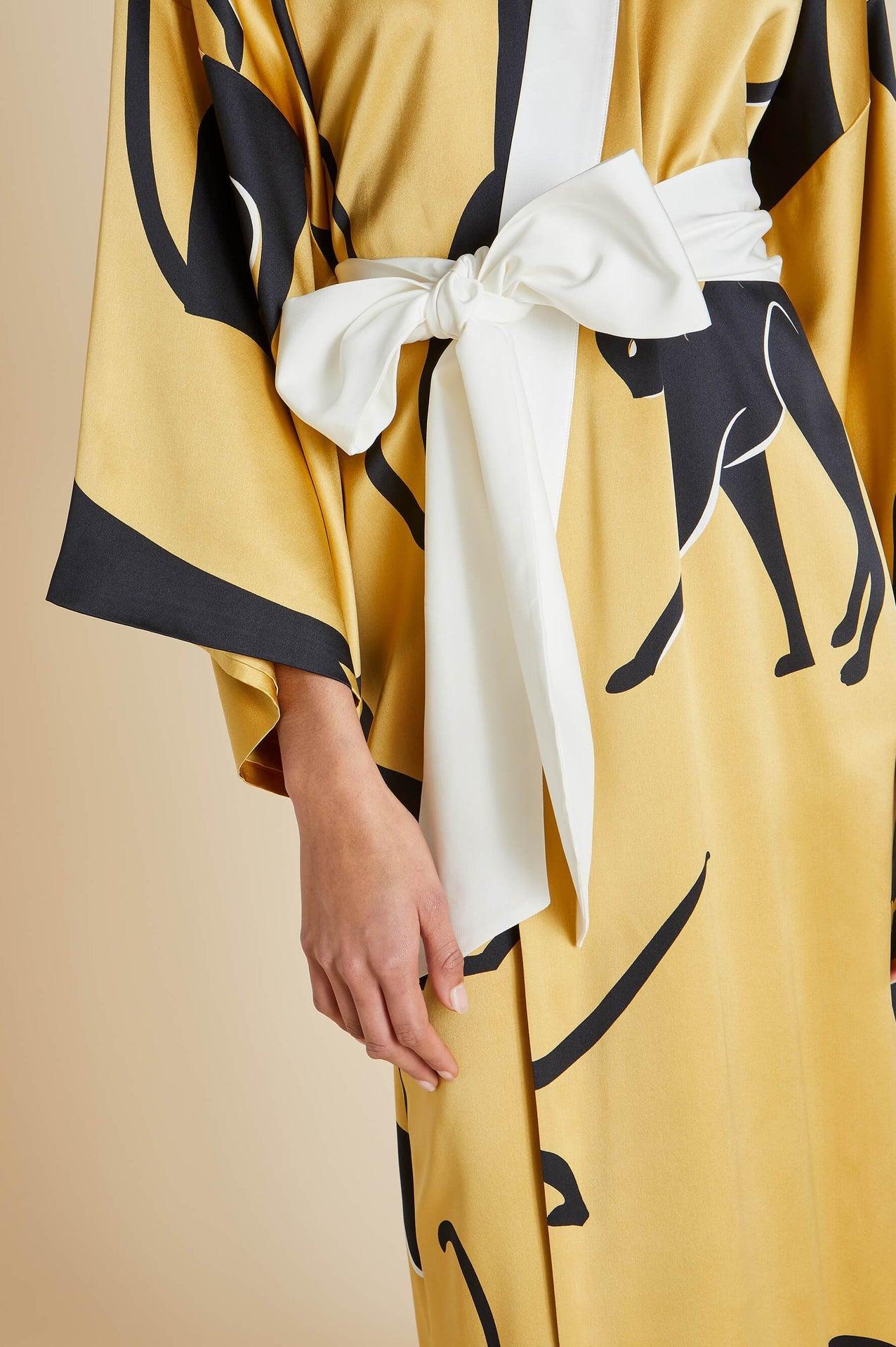 NEW Olivia von Halle Golden Cat Print Silk Dressing Gown Kimono Robe OS en vente 6