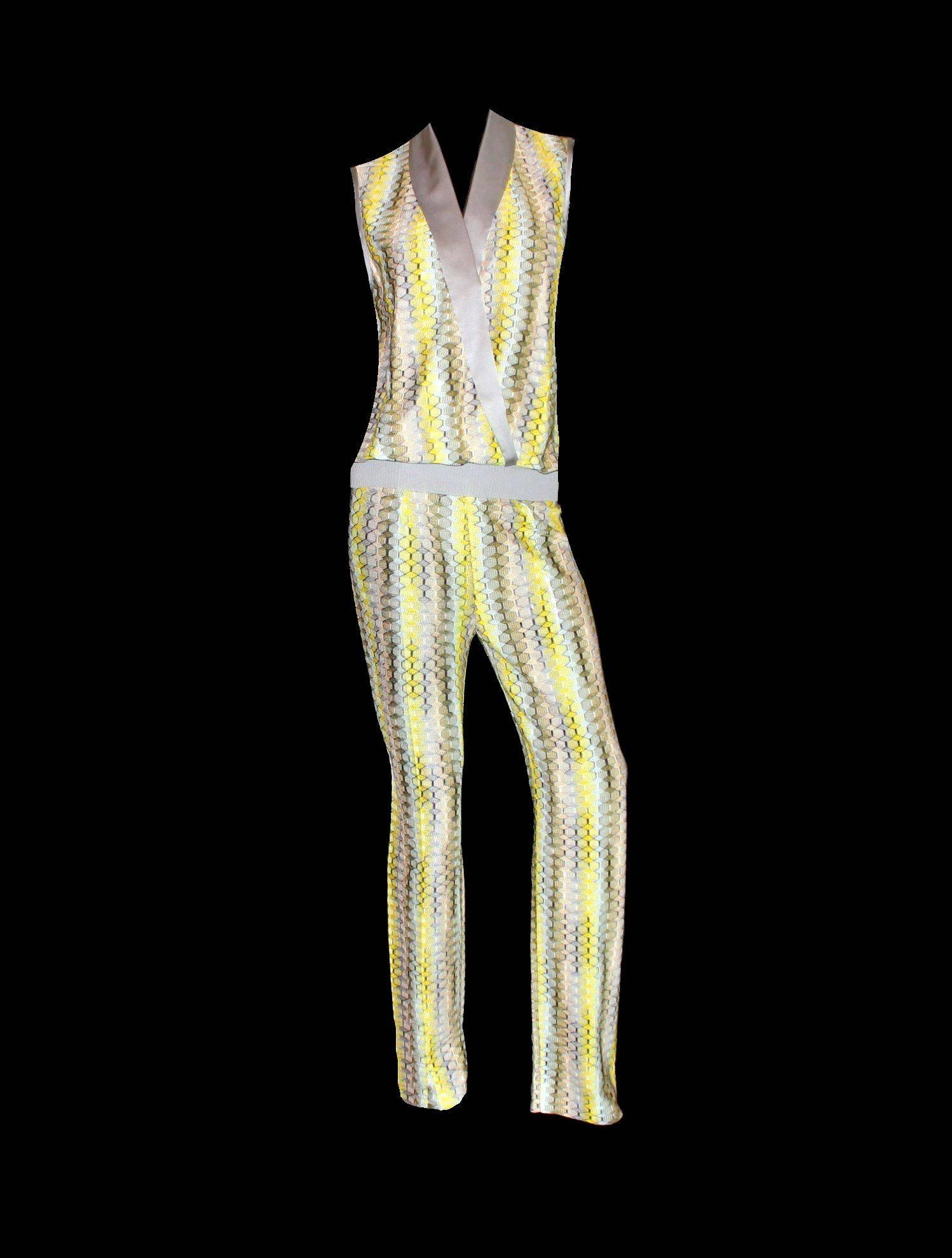 Beautiful Missoni as Jumpsuit ensemble
Consisting of 2 pieces
Can be worn as a complete outfit or seperate    
MISSONI Main Line
    Classic MISSONI signature zigzag crochet knit
    Satin silky trimming
    Simply slips on
    Sexy deep neck (can