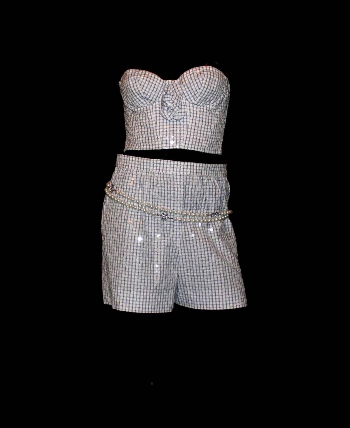 Gray Chanel Vintage Babyblue Sequin Embellished Hot Pants Corset Suit Set