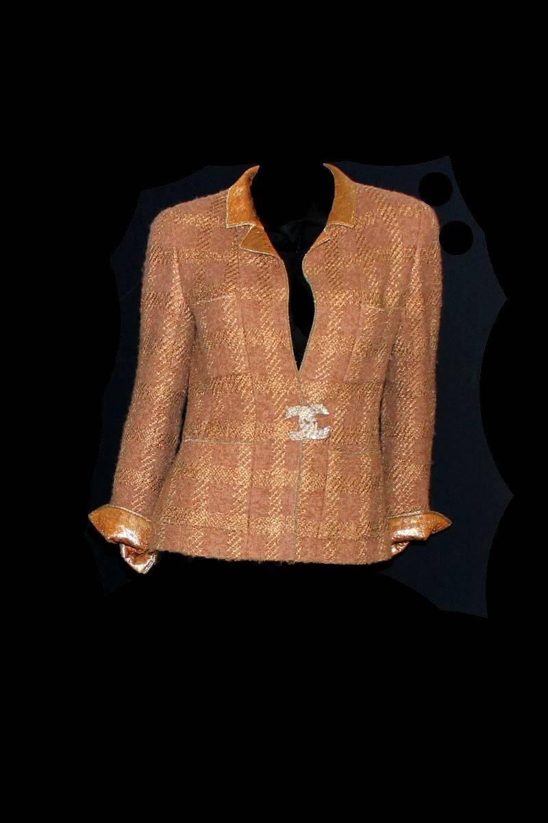 Brown Stunning Chanel Tweed & Metallic Gold Lamé Jeweled Button Jacket Blazer