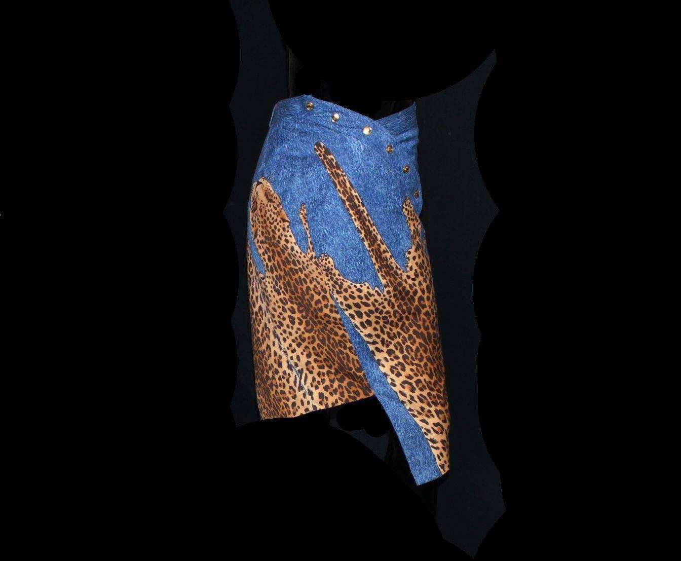 Gray Christian Dior by John Galliano Denim Leopard Cheetah Asymmetric Skirt 2000