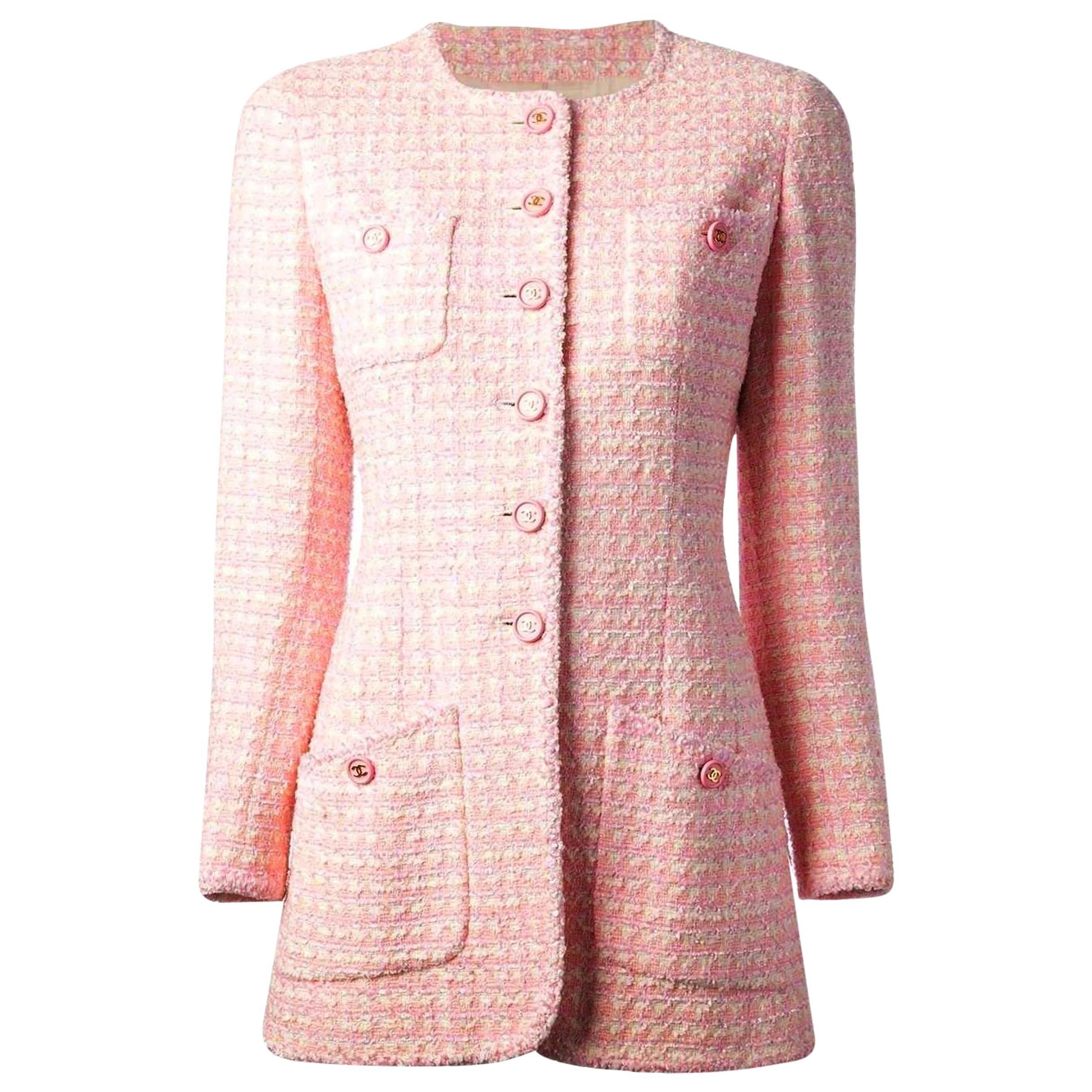 Iconic Chanel Pink Lesage Tweed CC Logo Button Jacket