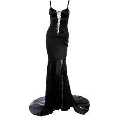 Dolce & Gabbana Black Lace Up Bond Girl Silk Evening Dress Gown