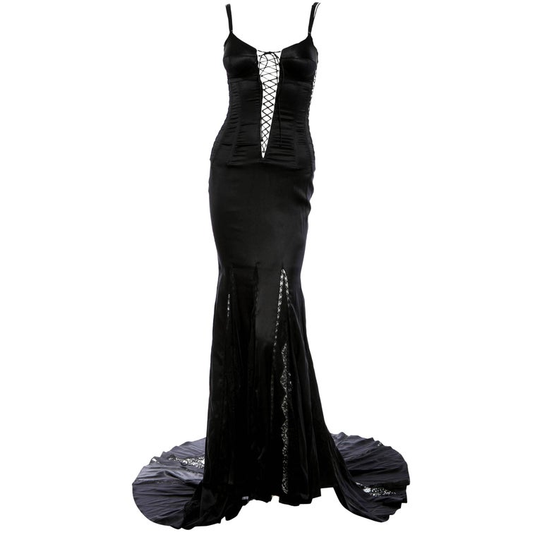 Dolce and Gabbana Black Lace Up Bond Girl Silk Evening Dress Gown For
