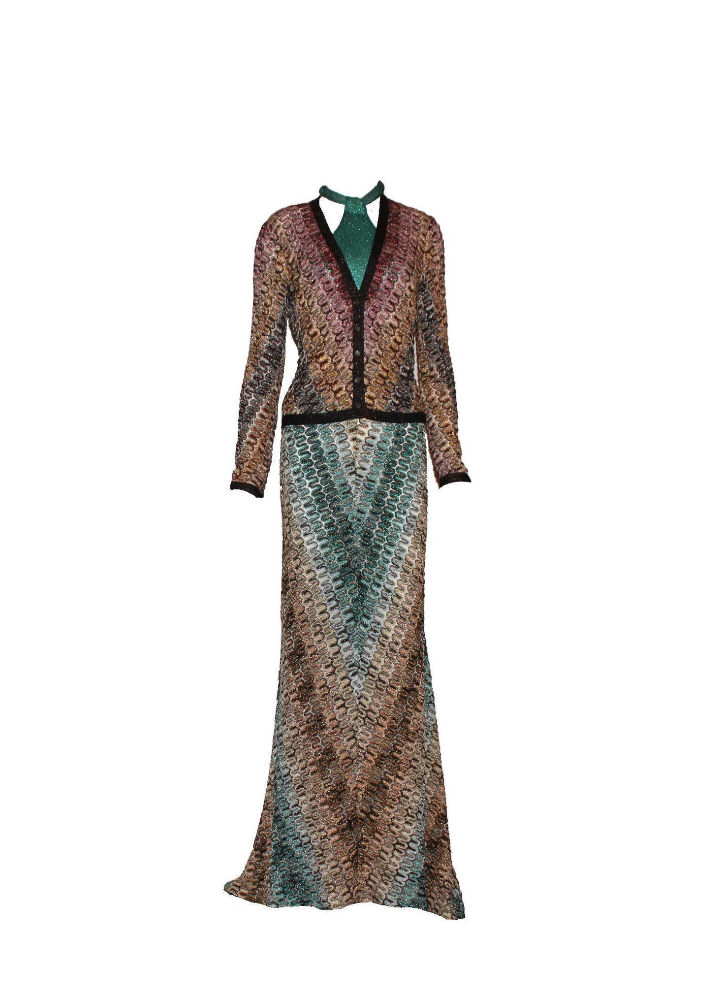 UNWORN Missoni Metallic Lurex gehäkeltes Abendkleid aus Lurex-Strick mit Strickjacke 42 (Grau) im Angebot