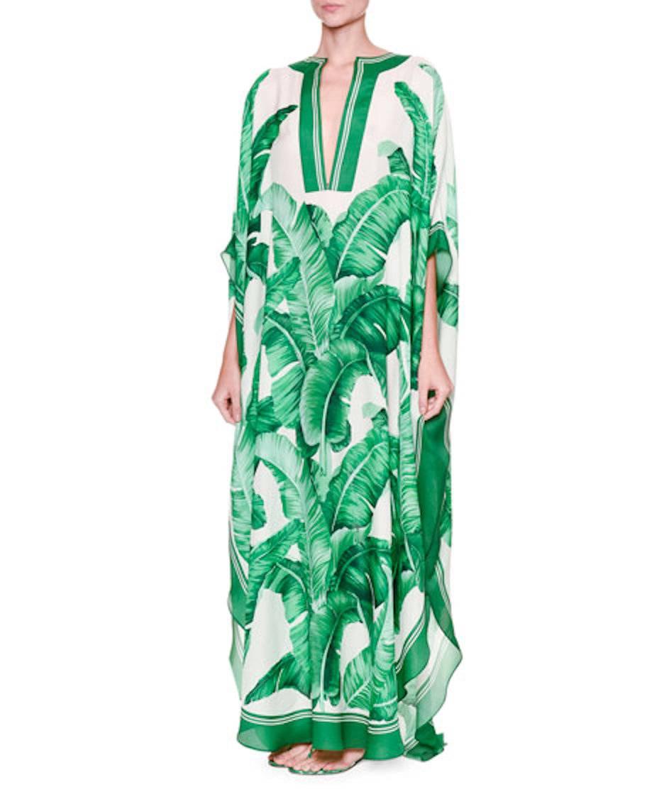 Gorgeous Dolce Gabbana Banana Leaf Print Silk Voile Kaftin Maxi Dress Gown In New Condition In Switzerland, CH