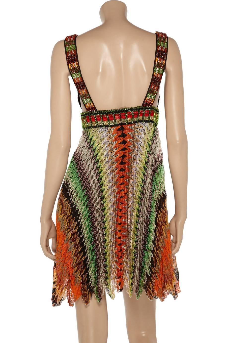 Brown Missoni Multicolor Crochet Knit Beaded Crystal Dress