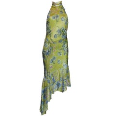 Asymmetric Christian Dior Floral Print Ruched Ruffled Silk Cocktail Dress