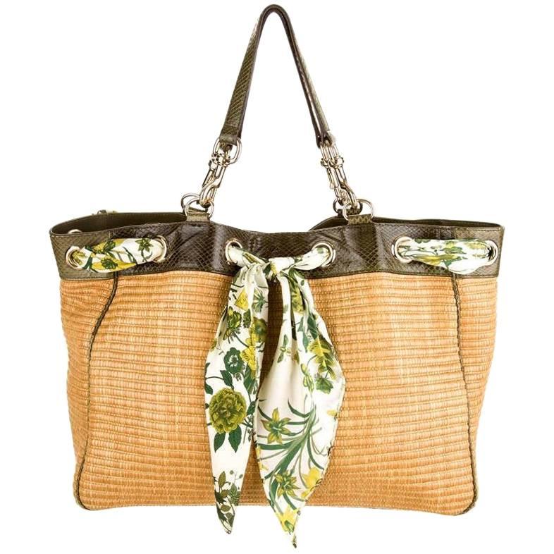 Exotic Gucci Woven Straw Flora Silk Tote Handbag Shopper