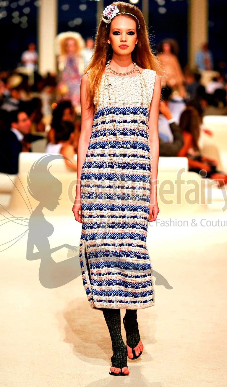 NEW Chanel Multicolor Signature Gripoix Button Crochet Knit Dress Gown 34  DUBAI For Sale at 1stDibs