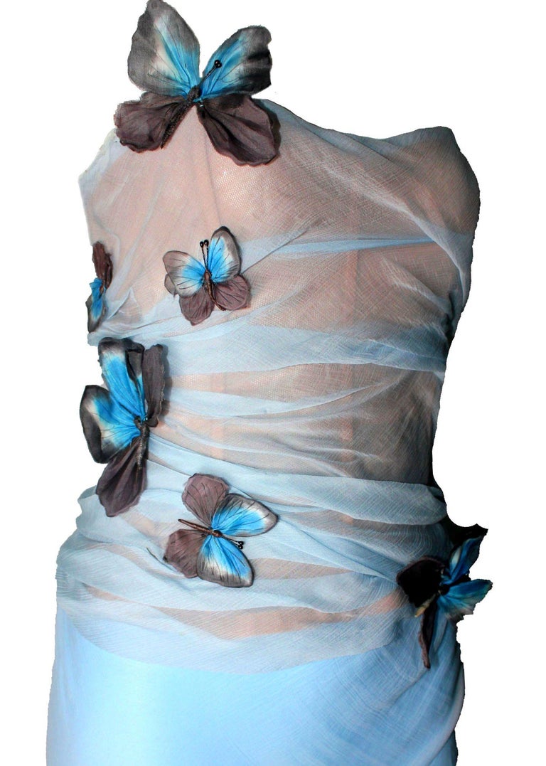 Iconic Dolce & Gabbana 1998 Pale Blue Silk Corset Butterfly Evening Gown Dress In Good Condition In Switzerland, CH