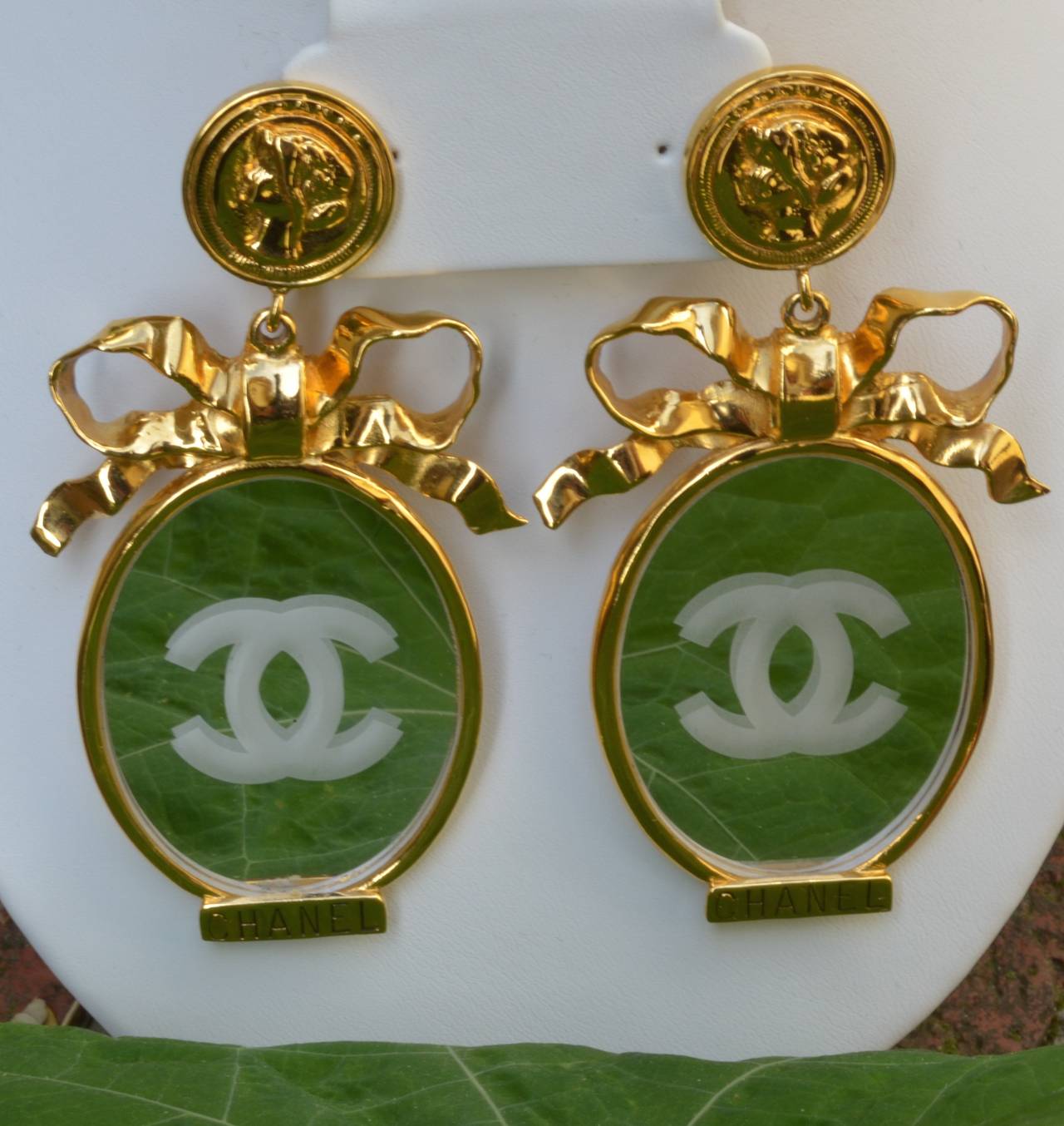Chanel Couture Huge Etched Mirror Earrings In Excellent Condition In Carmel, CA