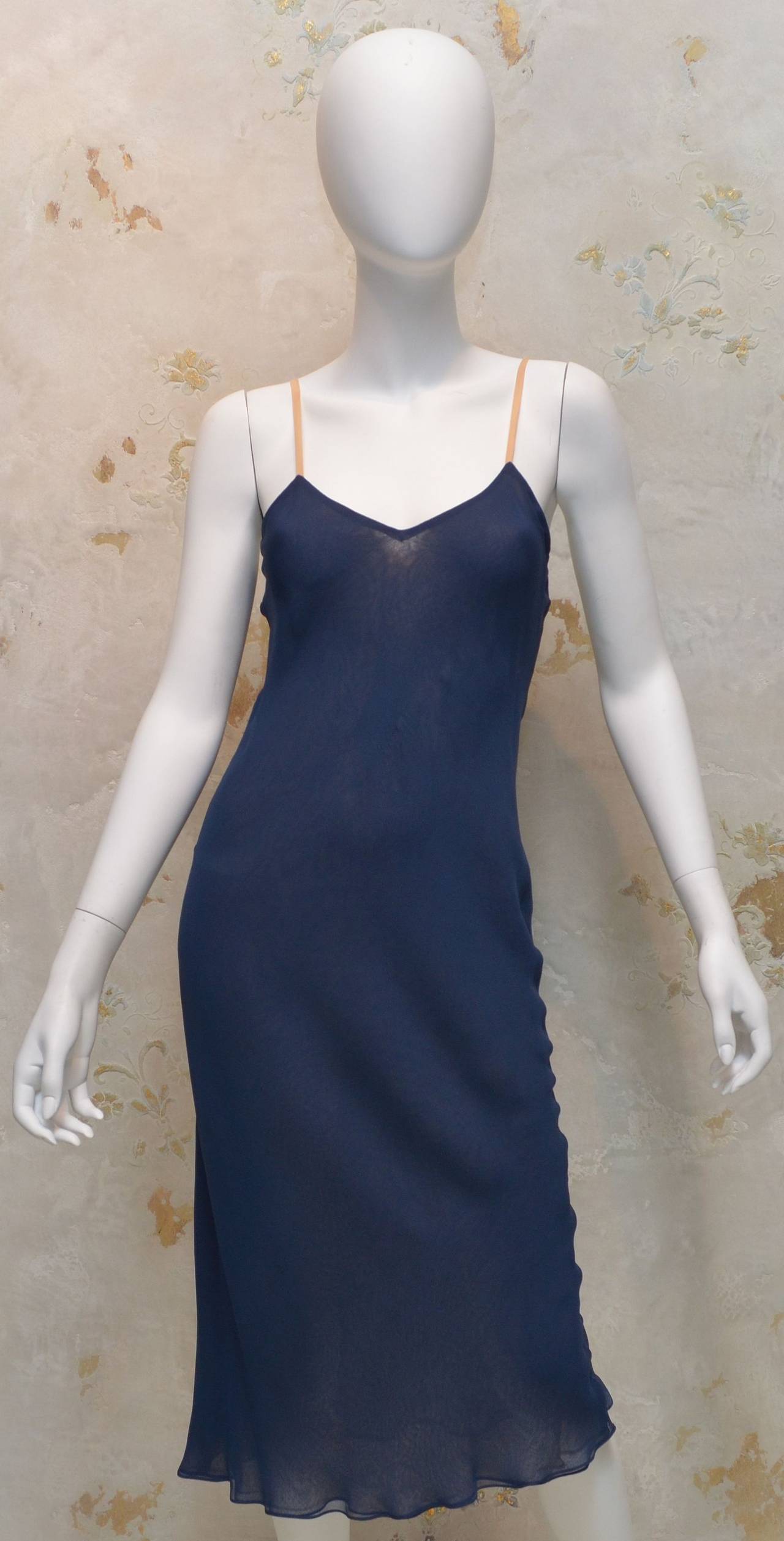 Black Vintage Halston Navy Blue Chiffon Slip Dress For Sale