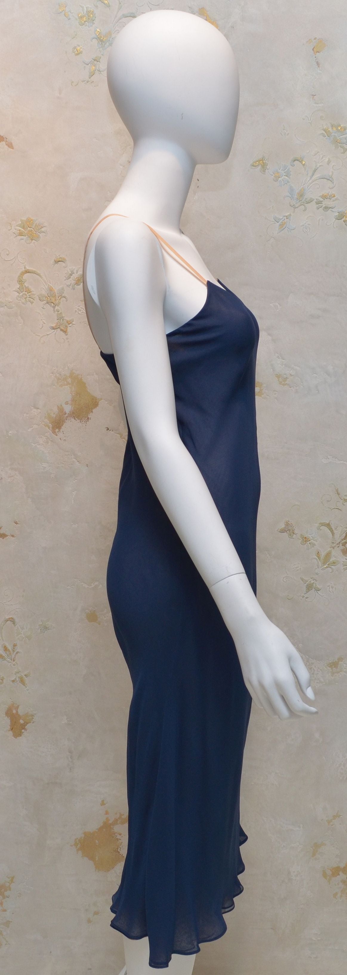 Vintage Halston Navy Blue Chiffon Slip Dress In Good Condition For Sale In Carmel, CA