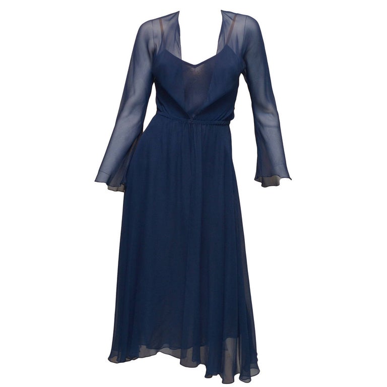 Vintage Halston Navy Blue Chiffon Slip Dress For Sale at 1stDibs | navy blue  full slip, navy blue chiffon dress, vintage halston dresses