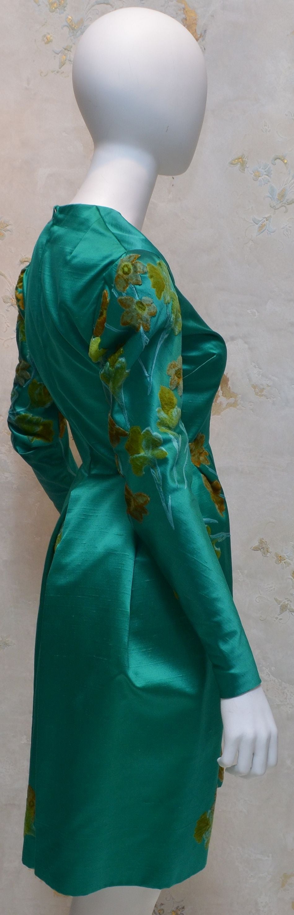 1960's Nettie Rosenstein New York Emerald Green Floral Dress For Sale ...