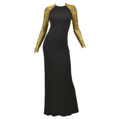 1970s Halston Black and Gold Sequin Shoulder Jersey Dress / Gown