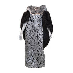 Vintage Michael Novarese White Burnout Velvet Gown Black Ostrich Feather Cape