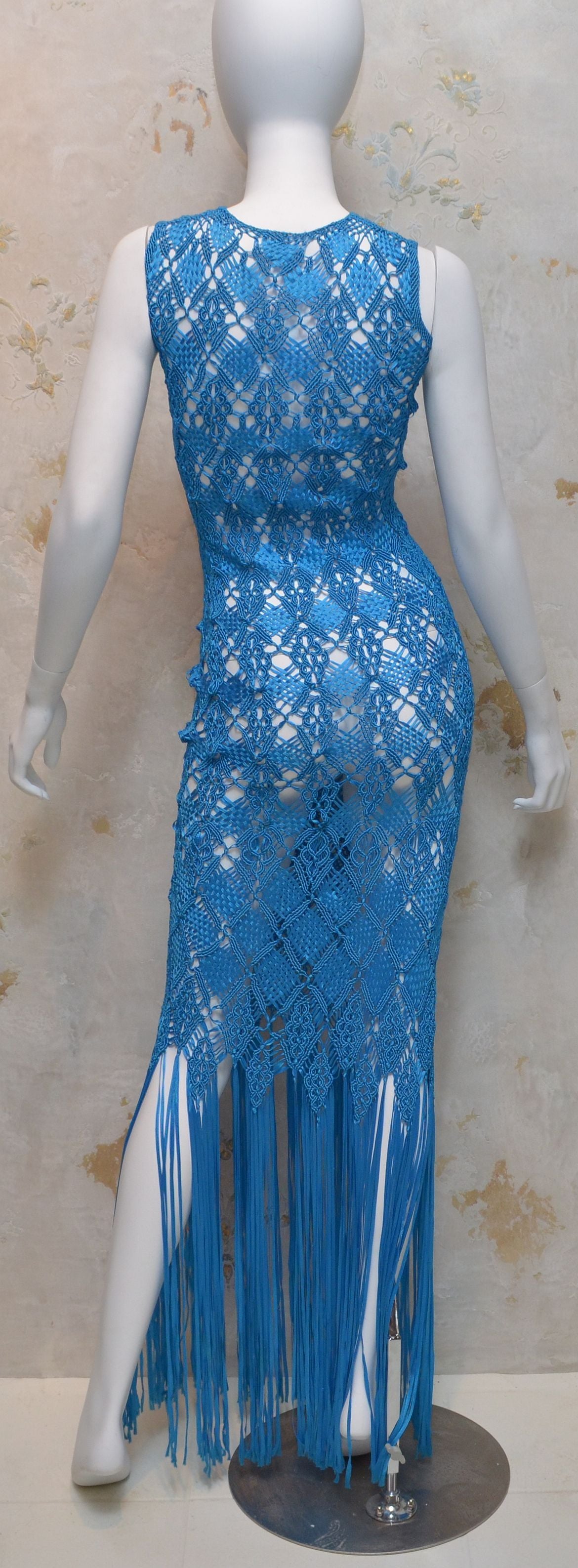 Women's Wayu Handmade Bright Blue Crochet Knit Fringe Hem Dress For Sale