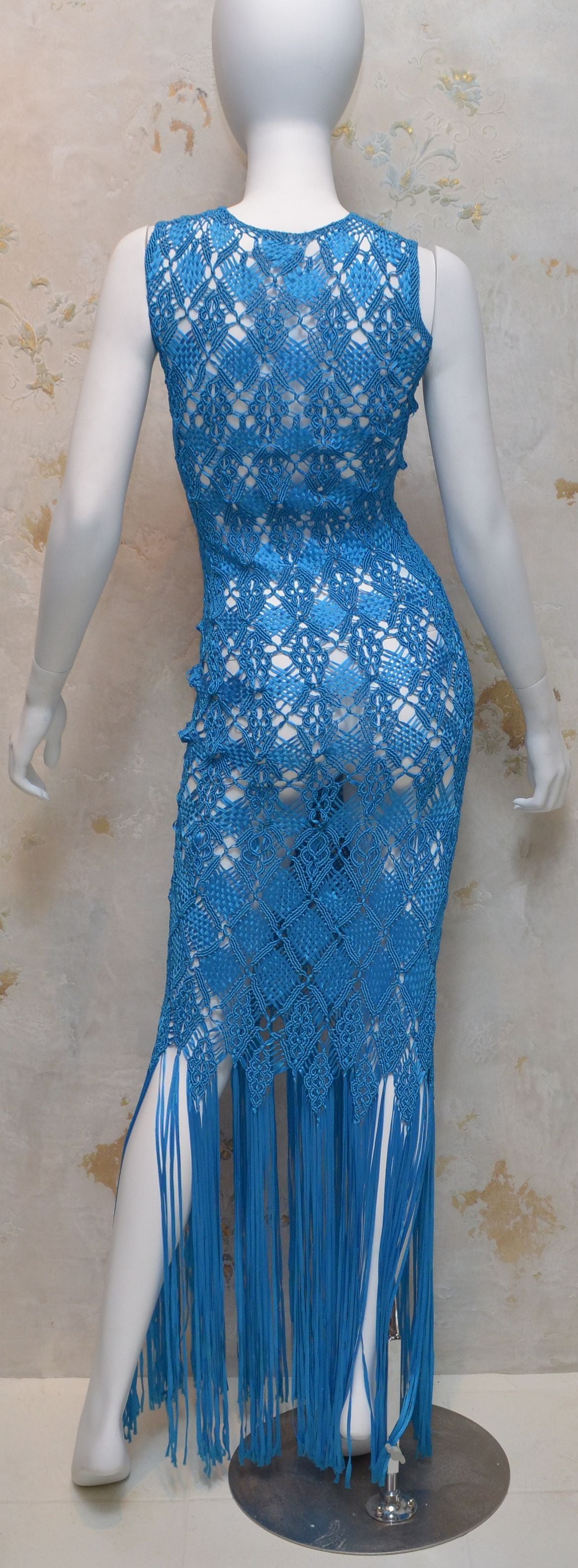 Wayu Handmade Bright Blue Crochet Knit Fringe Hem Dress In Excellent Condition For Sale In Carmel, CA