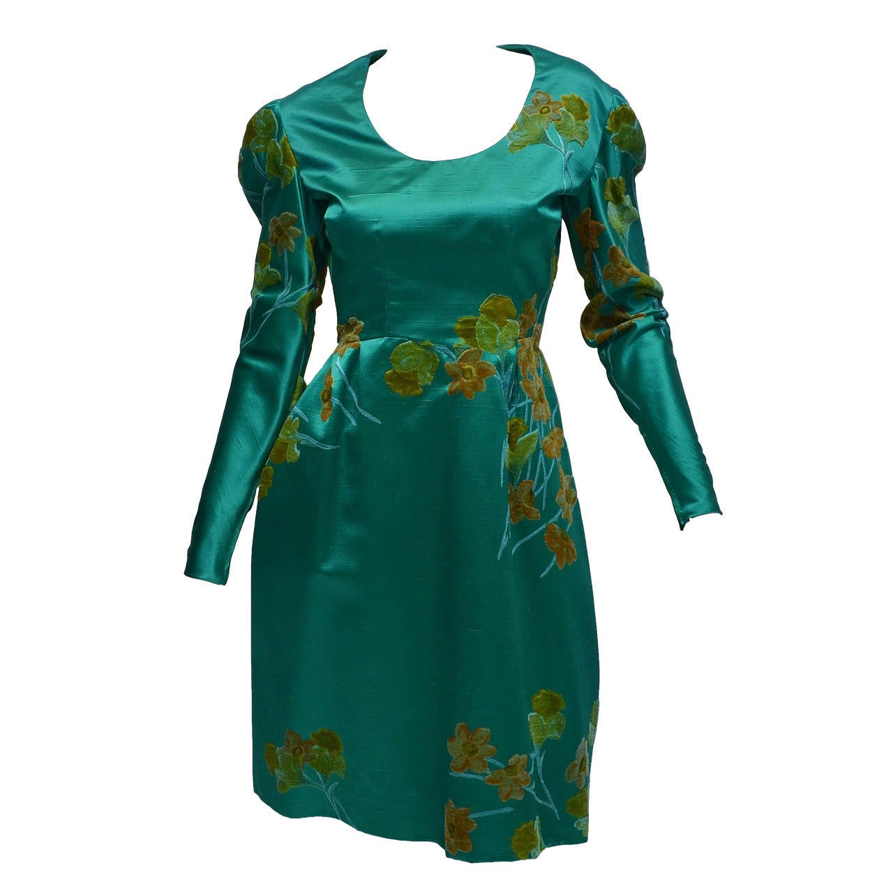1960's Nettie Rosenstein New York Emerald Green Floral Dress