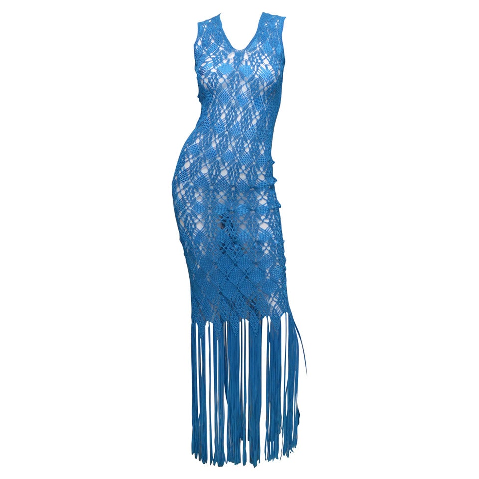 Wayu Handmade Bright Blue Crochet Knit Fringe Hem Dress