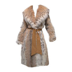 Vintage 1960's Givenchy I. Magnin Tan White Spotted Leather Waist Tie Lynx Fur Coat