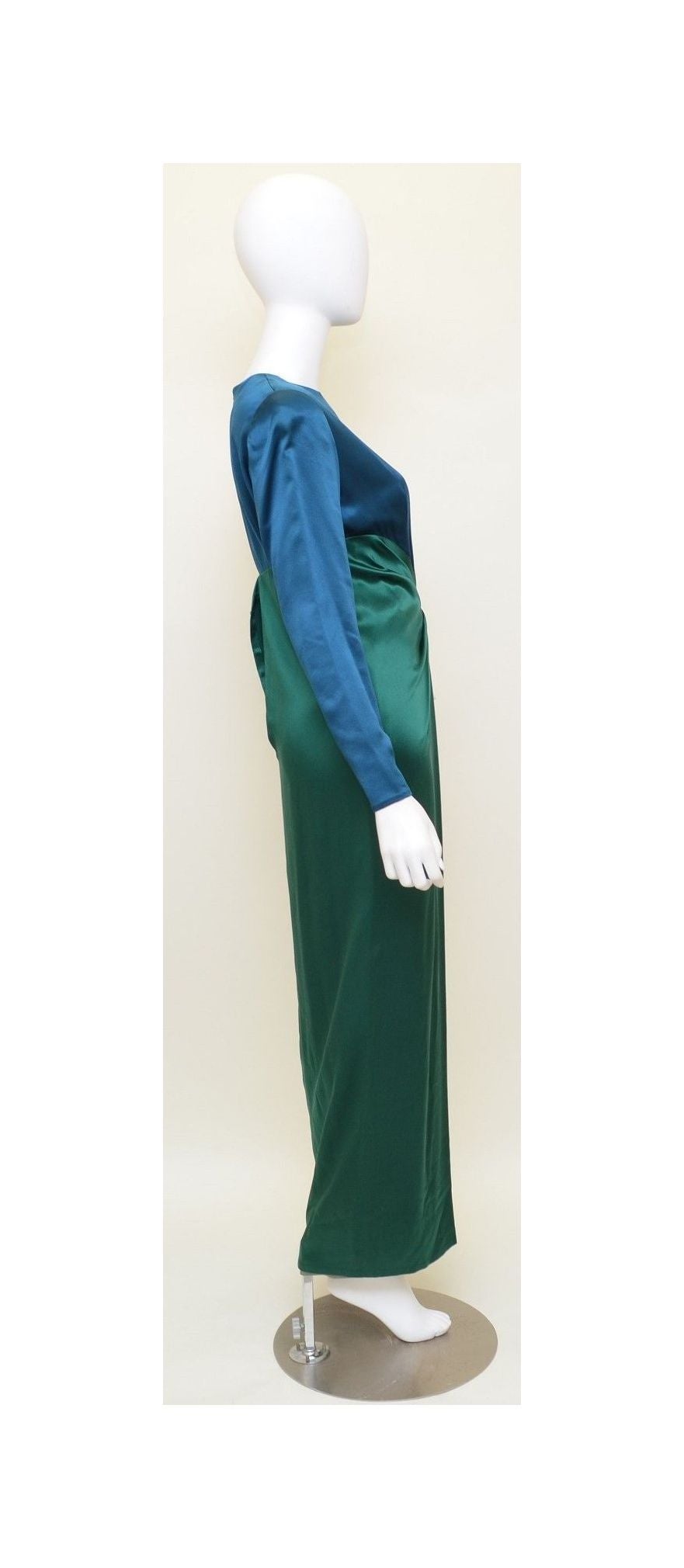 Vintage Bill Blass Teal Blue & Green Satin Long Sleeve Gown Dress In Excellent Condition In Carmel, CA