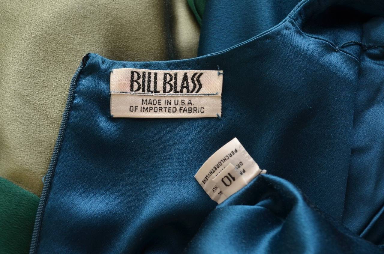 Women's Vintage Bill Blass Teal Blue & Green Satin Long Sleeve Gown Dress