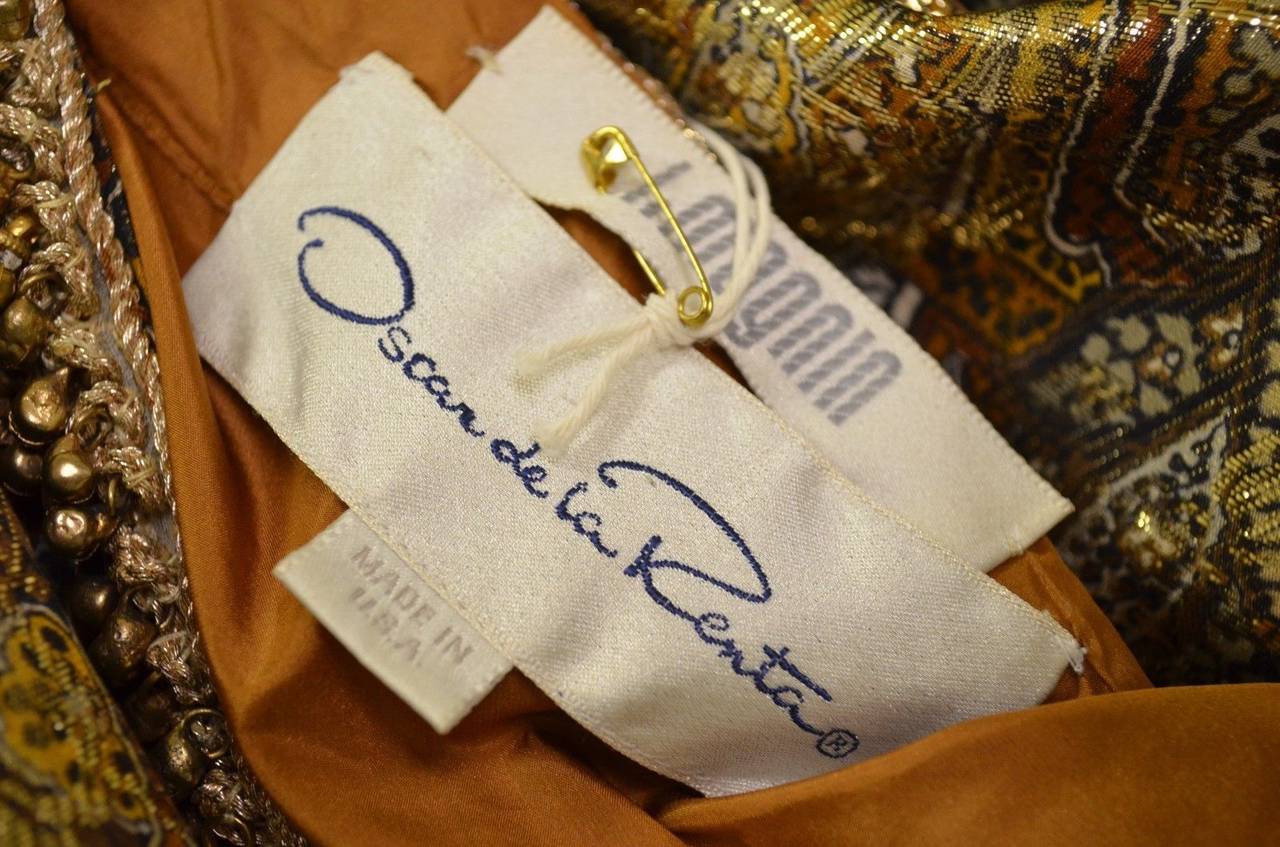 Vintage Oscar de la Renta Bronze Brown Lamé Beaded Trim One Shoulder Dress 1