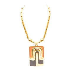 Vintage Pierre Cardin 1970's Gold Brown Enamel Mod X Large Pendant Bold Necklace