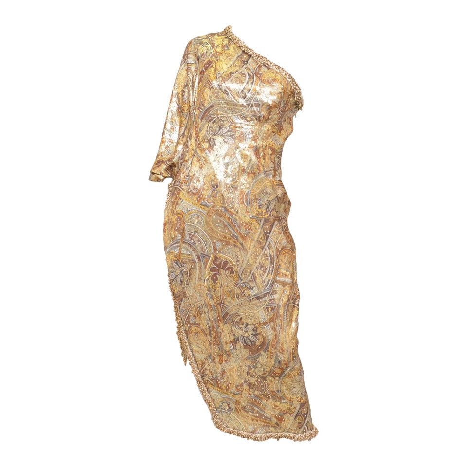 Vintage Oscar de la Renta Bronze Brown Lamé Beaded Trim One Shoulder Dress