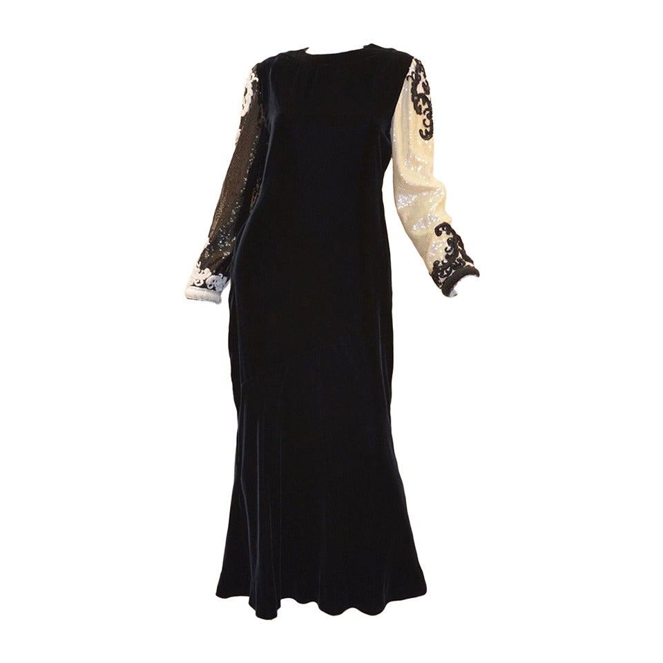 Bill Blass Black Velvet Column Gown Dress Sequin Beaded Rococo Sleeves Vintage