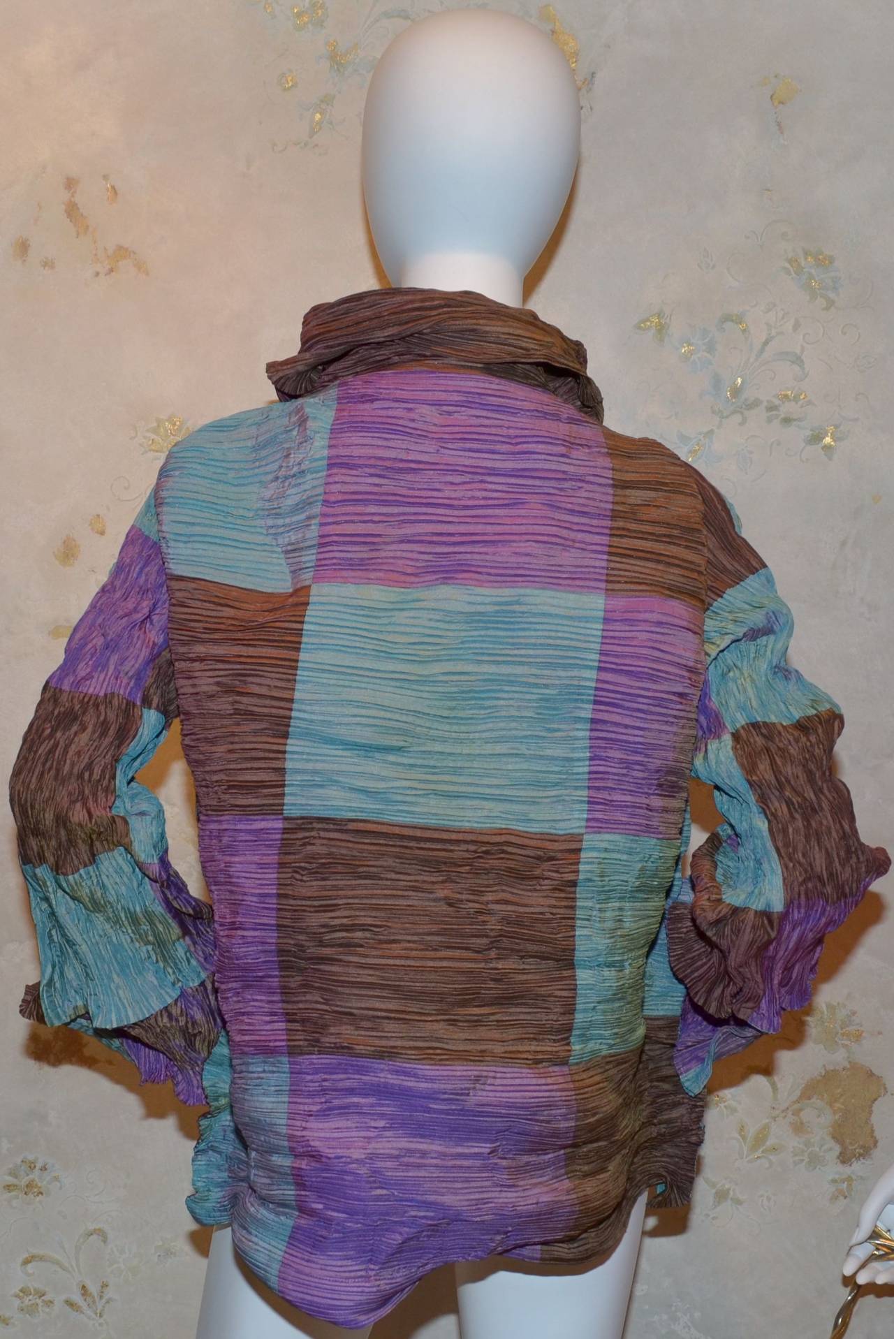 Women's Issey Miyake Purple Brown Aqua Blue Pleated Mock Neck Jacket
