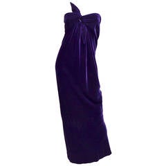 Halston Deep Purple Velvet Strapless Tie Front Bias Cut Column Dress Gown