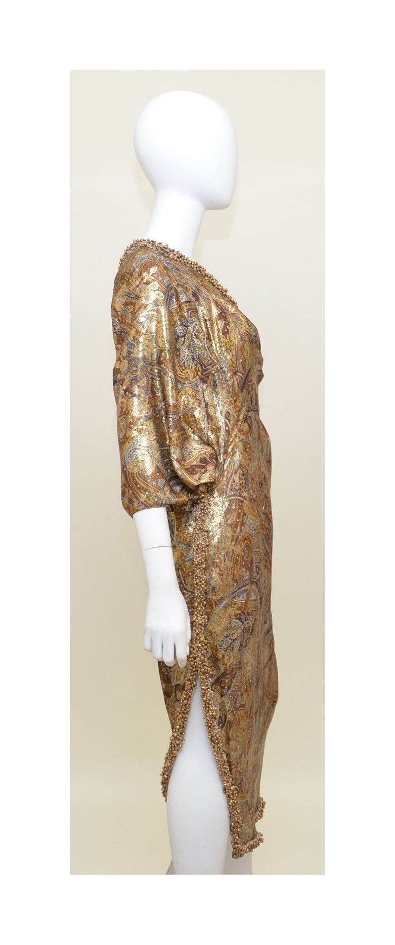 Vintage Oscar de la Renta Bronze Brown Lamé Beaded Trim One Shoulder Dress 4