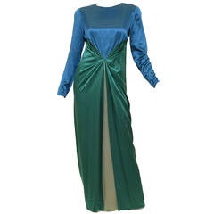 Vintage Bill Blass Teal Blue & Green Satin Long Sleeve Gown Dress