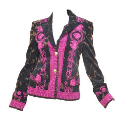 Gianni Versace Vintage Black Fuchsia Velvet Gold Tone Medusa Button Blazer