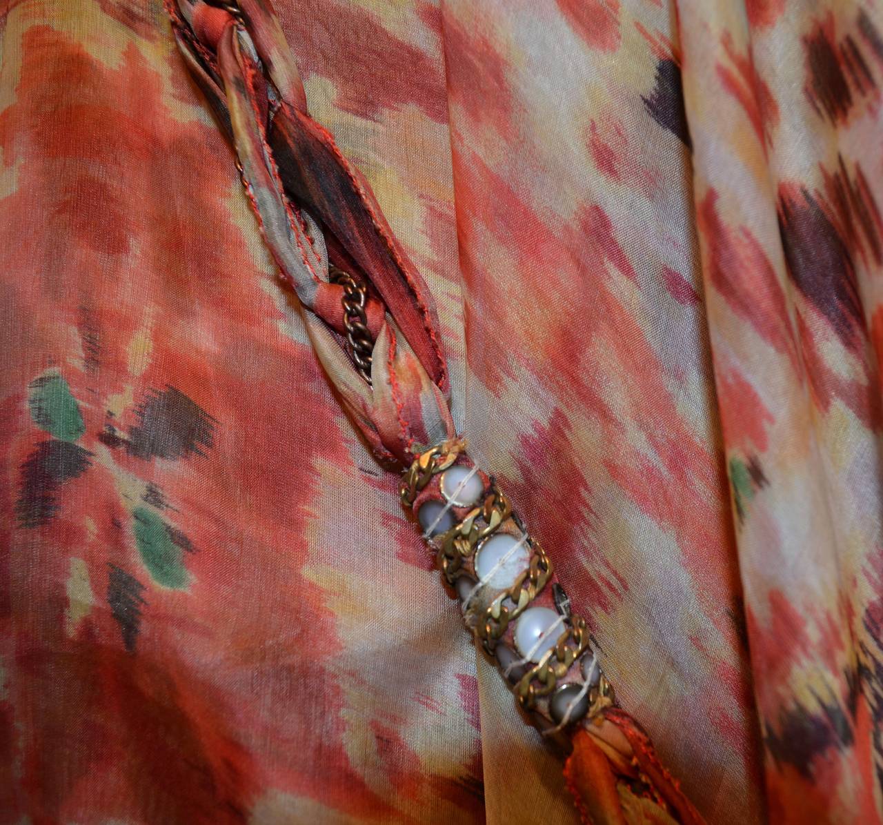 Oscar de la Renta Red Tan Print Silk Maxi Caftan Dress with Necklace 3