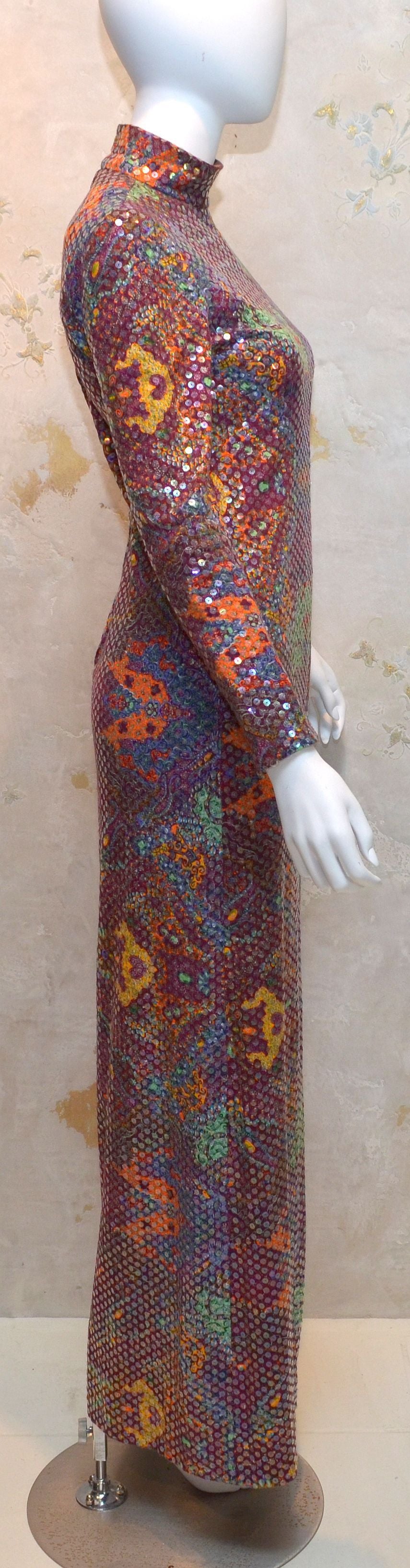 Women's 1970's Malcom Star Multi Color Sequin Print Column Gown Dress