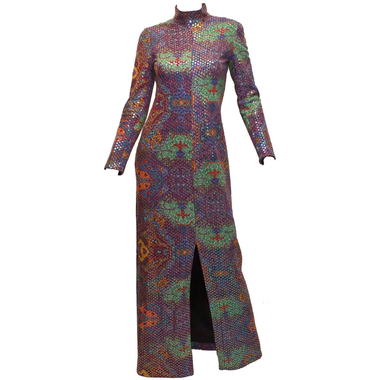 1970's Malcom Star Multi Color Sequin Print Column Gown Dress