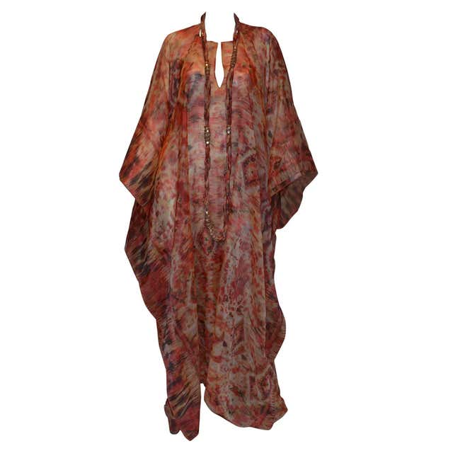 Oscar de la Renta Red Tan Print Silk Maxi Caftan Dress with Necklace at ...