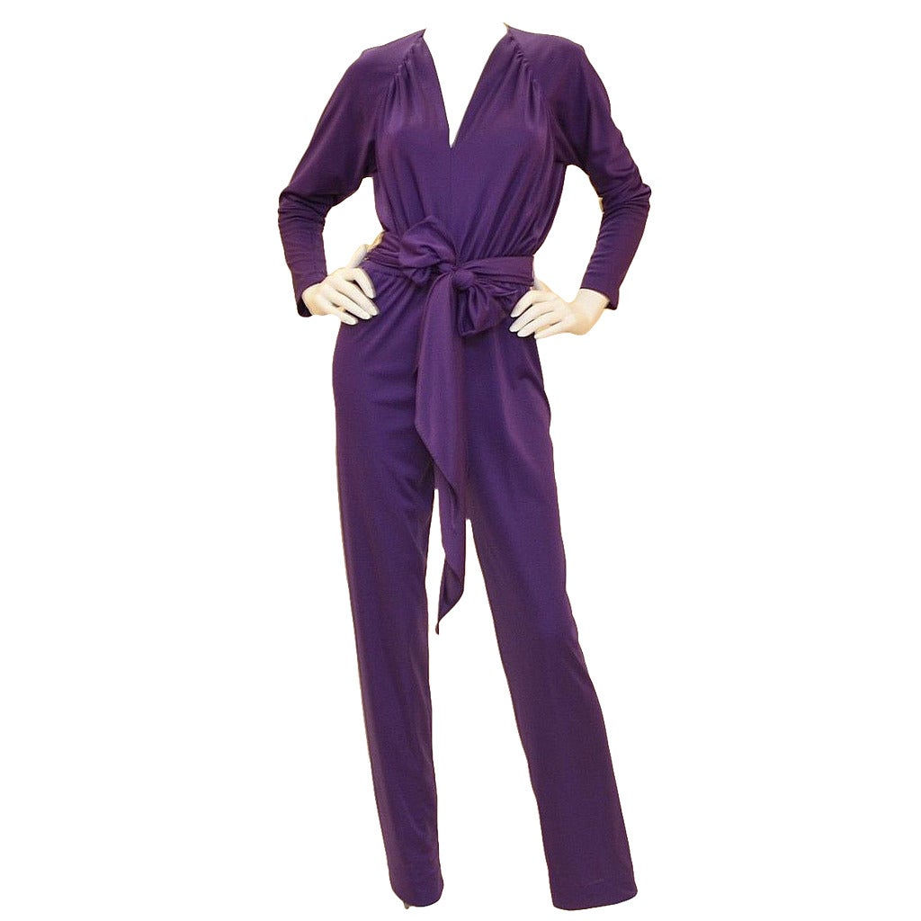 1970's Vintage Halston IV Dorian Purple Waist Tie V Neck Jumpsuit