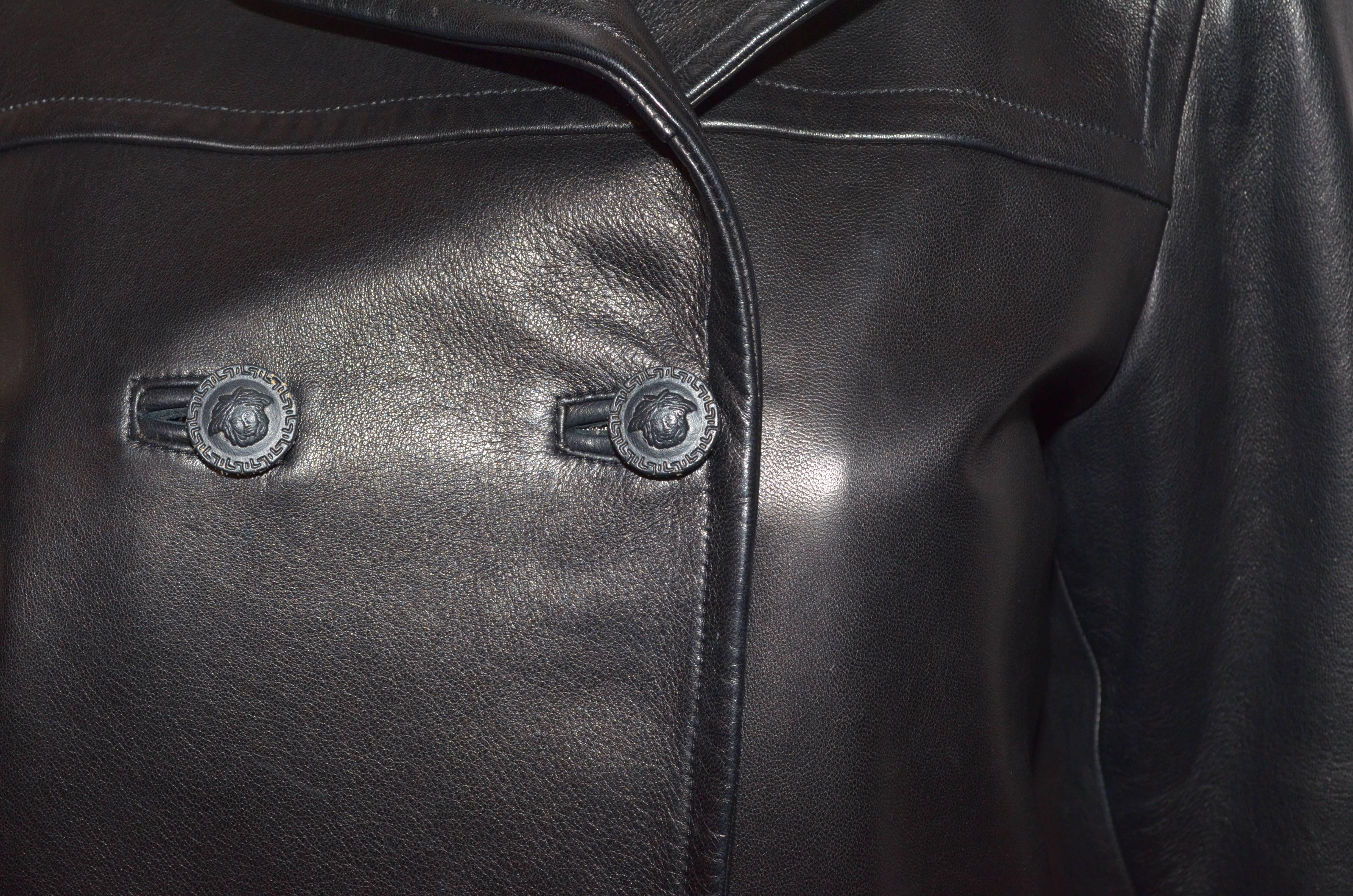 Gianni Versace Leather Pea Coat with Medusa Buttons 2