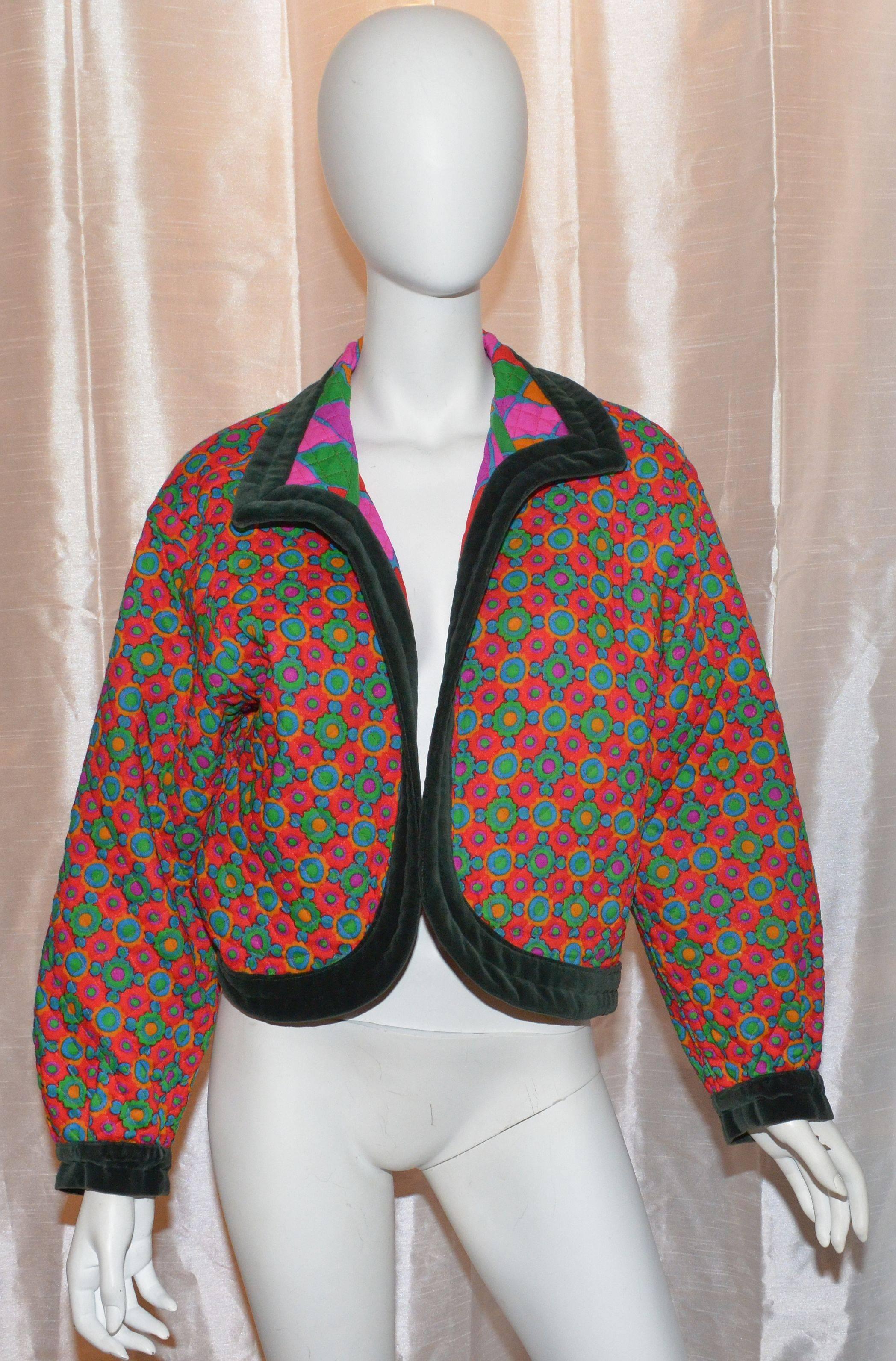 Vintage Yves Saint Laurent Quilted Reversible Chubby Jacket
Vintage Yves Saint Laurent jacket with a green velvet trim, pockets at the hem on one side, and made in France.

Measurements: 
Bust - 44''
Sleeves - 21.5''
Shoulders - 19.5''
Length