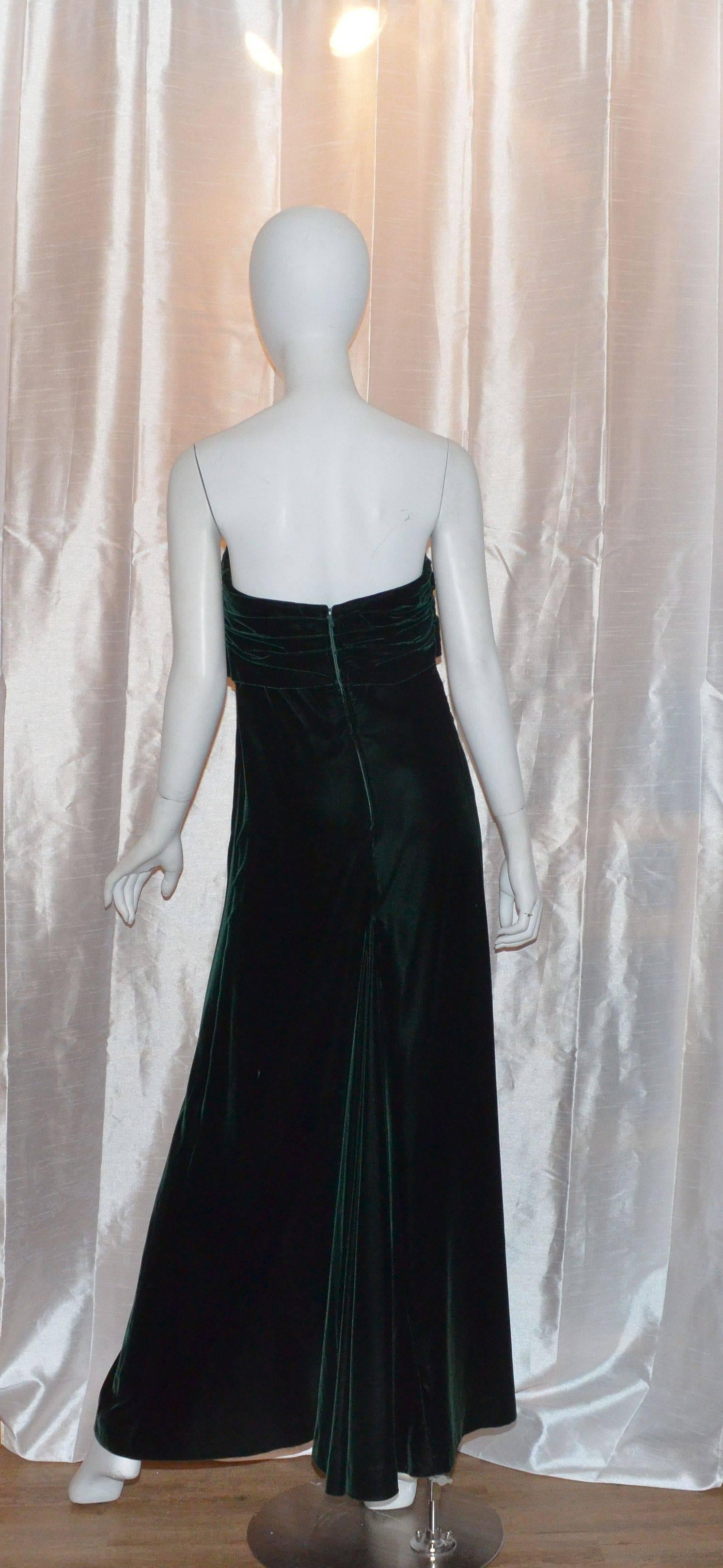 Bill Blass Green Velvet Strapless Gown In Excellent Condition In Carmel, CA